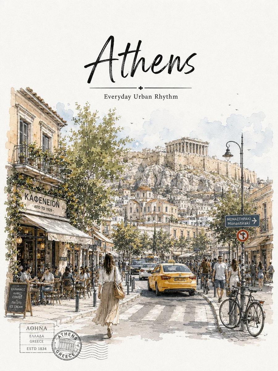 Minimalist ultra-high-resolution travel sketch poster of Athens, Greece,...