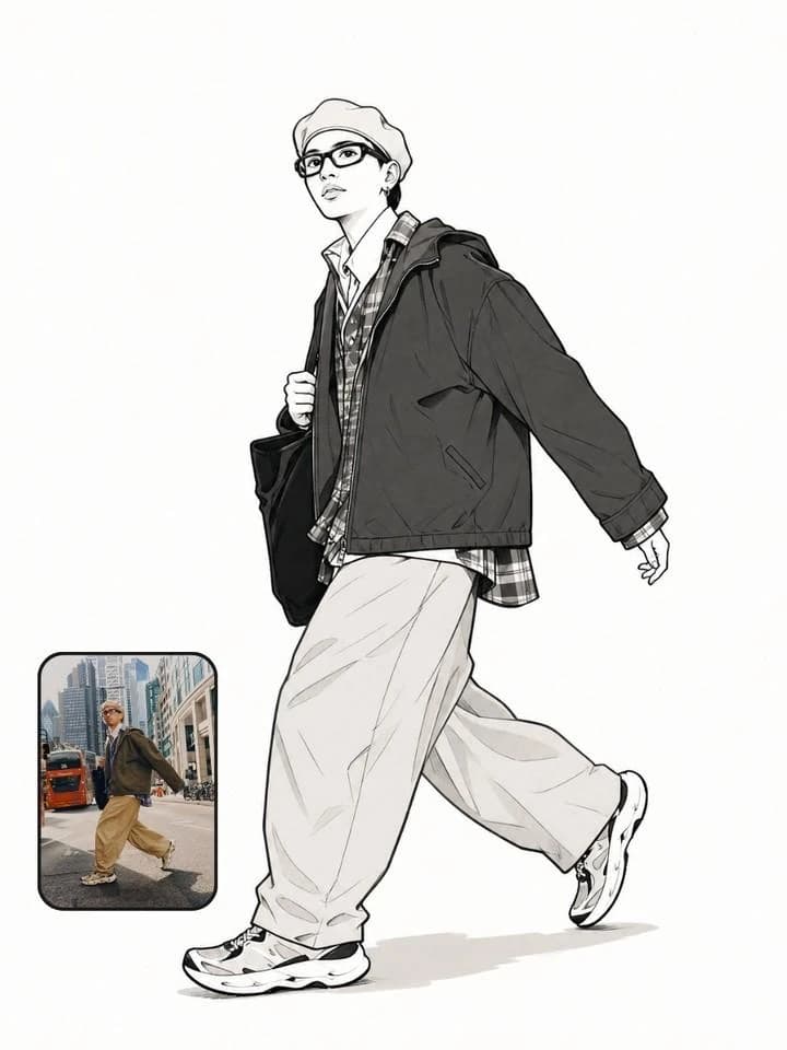 Transform the uploaded reference photo into a clean black-and-white manga...
