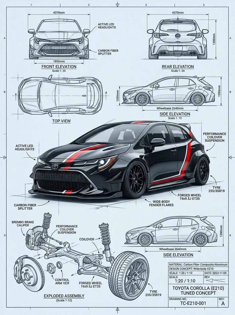 A highly detailed automotive engineering blueprint poster featuring a mod...