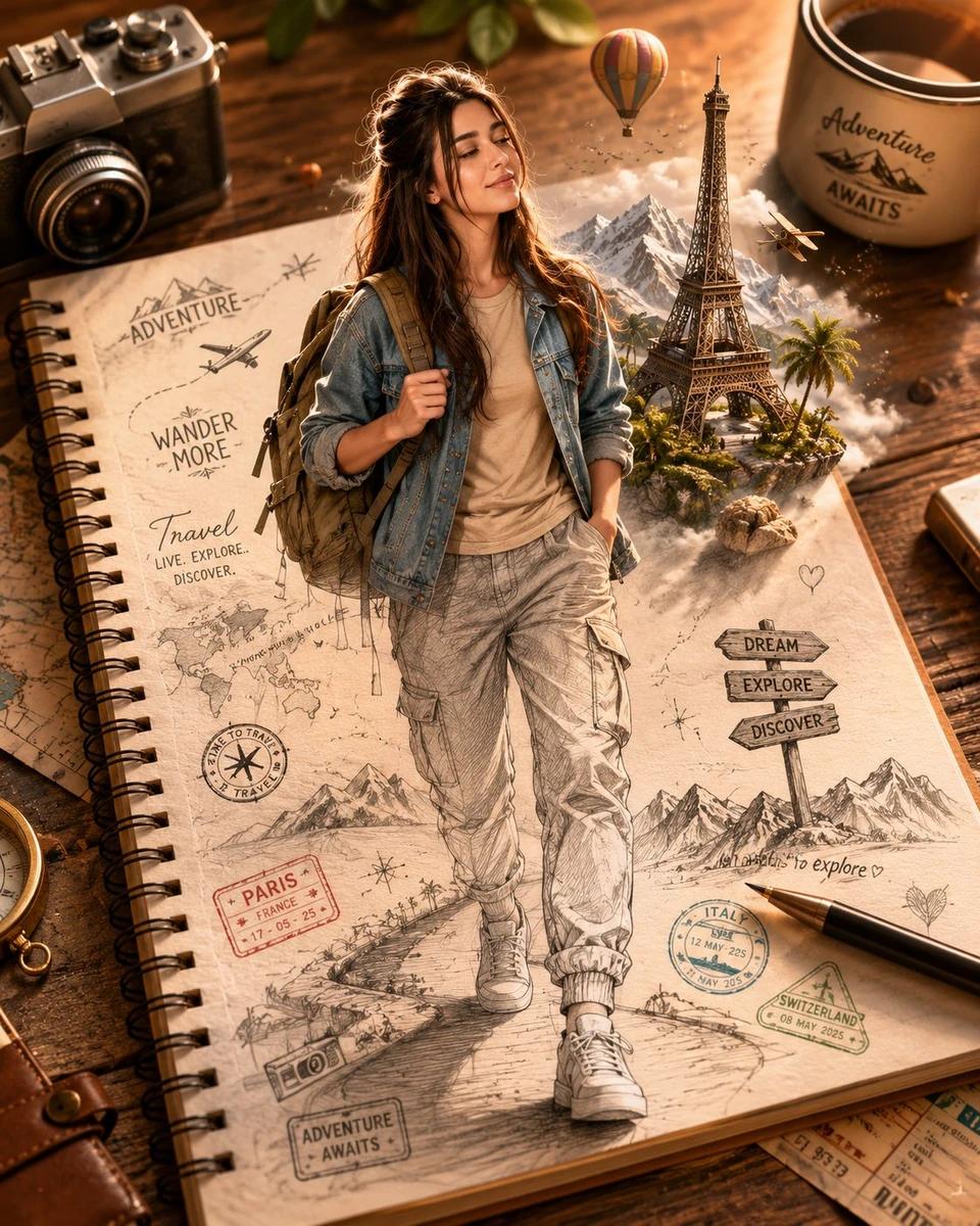 A handsome young traveler is emerging from a spiral notebook placed on a...