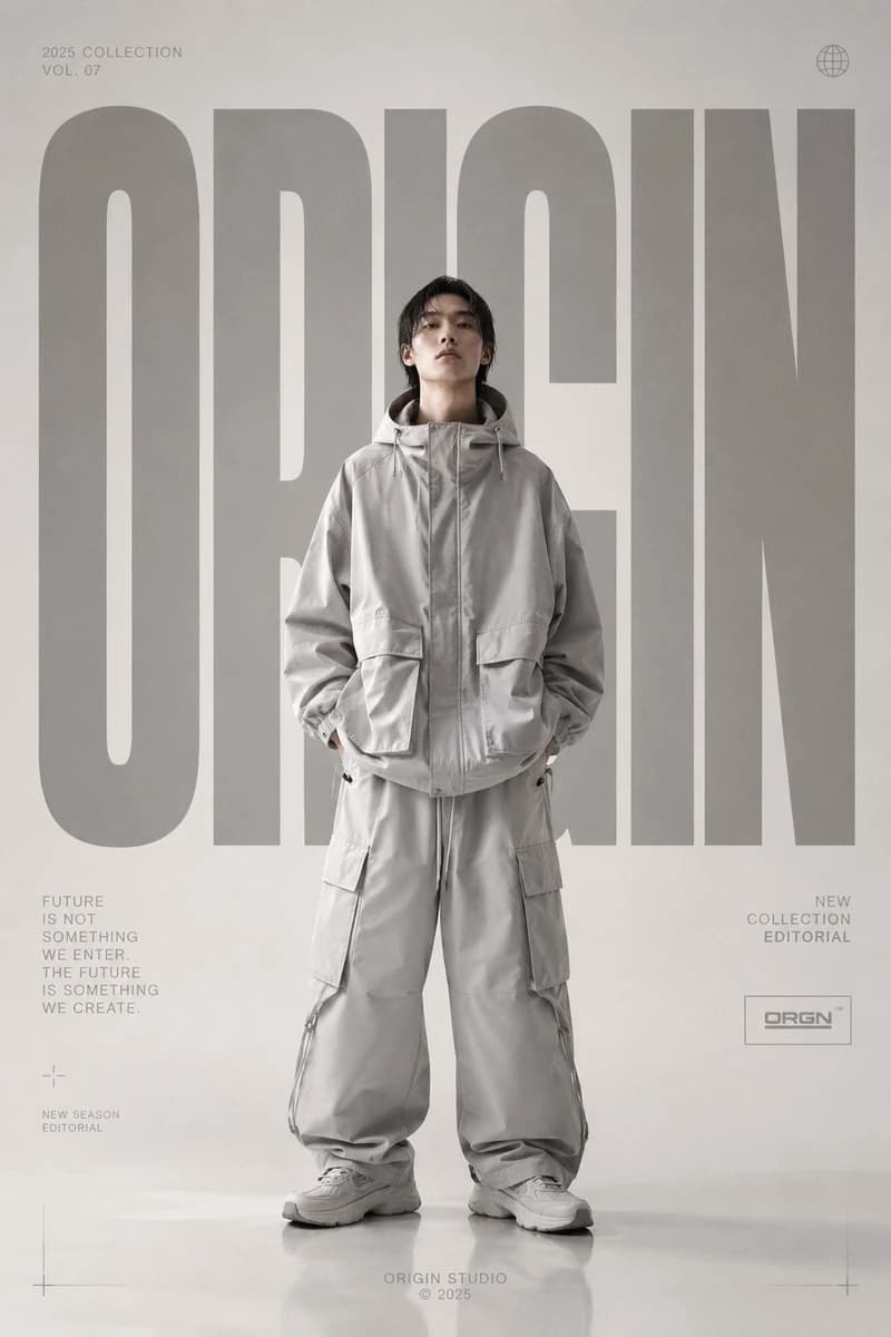 Premium high-fashion editorial poster for [BRAND NAME], full-body fashion...