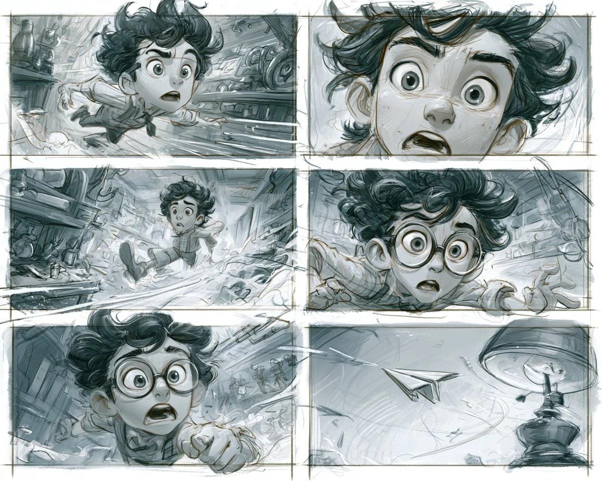 four storyboard frames for a short animated scene, a small inventor chasi...