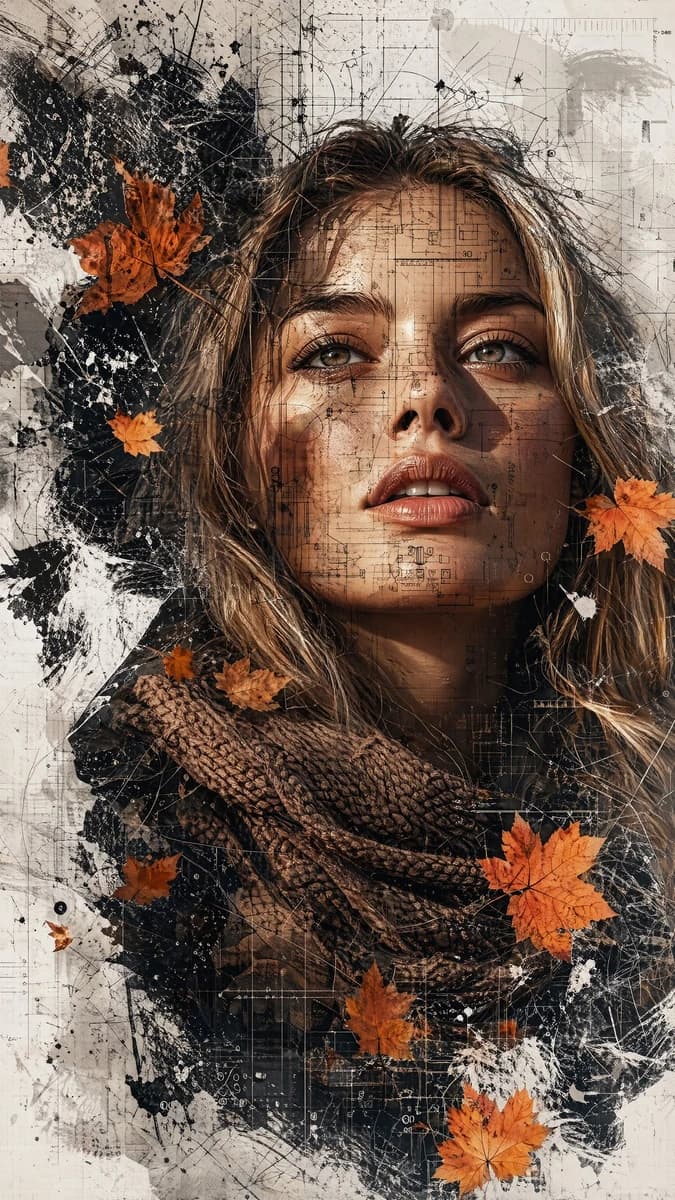 A high-fashion cinematic portrait of a young woman with a thoughtful expr...