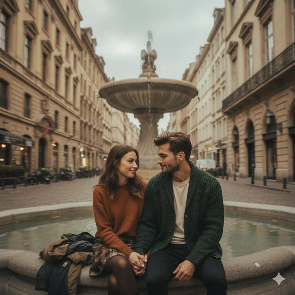Cinematic romantic street photography of a couple sitting hand-in-hand on...