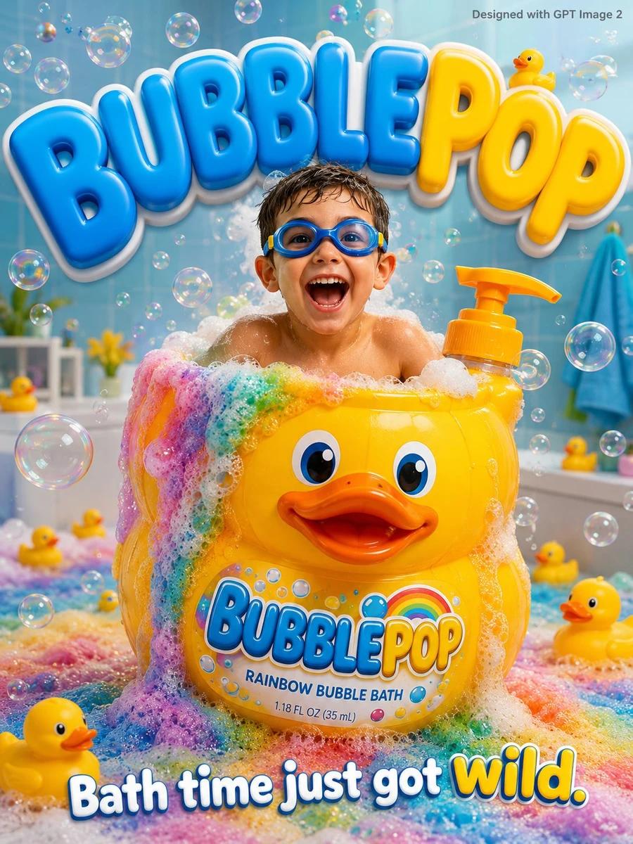 A fun bubbly kids advertisement poster. An excited young boy age 5 in swi...