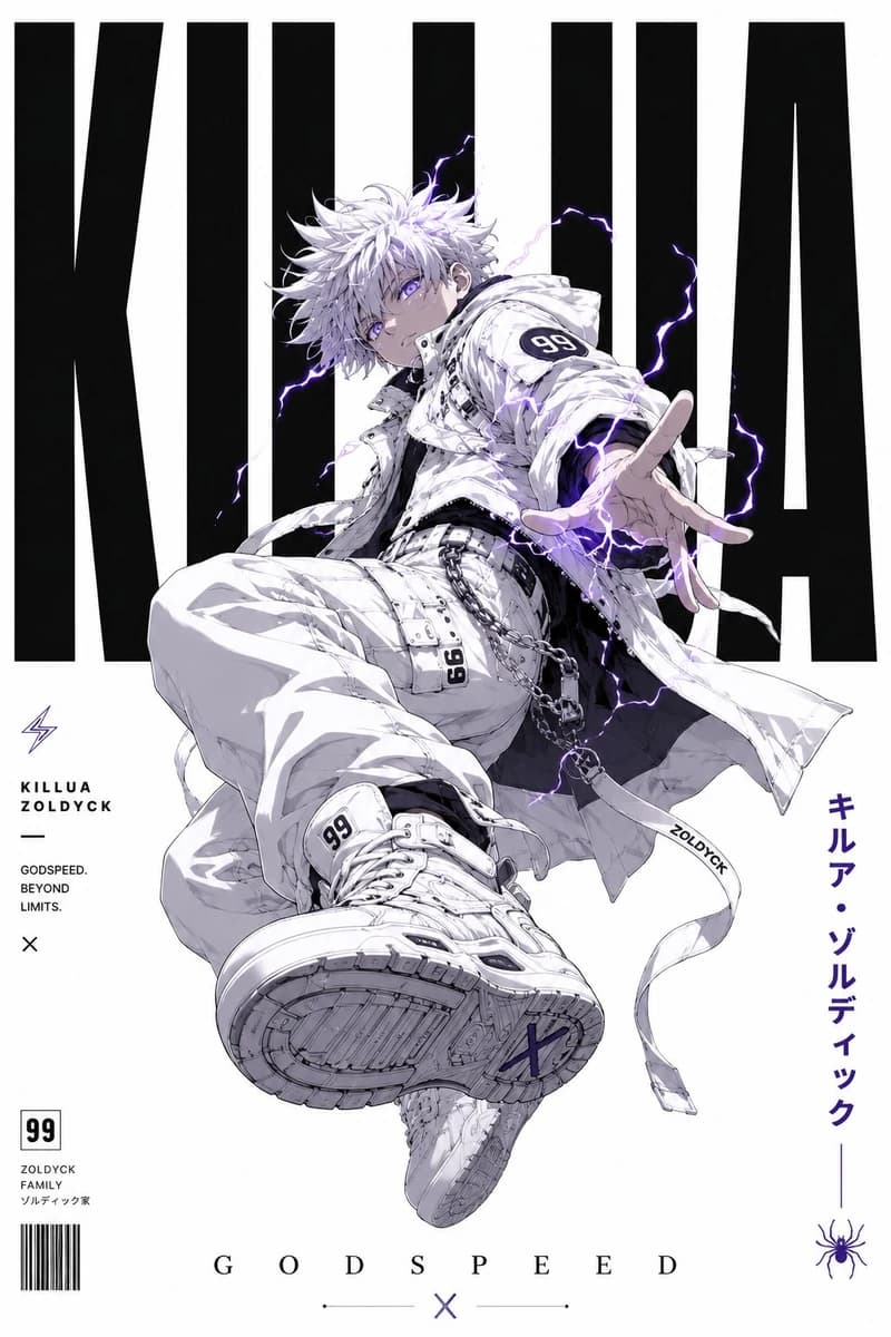 A minimalist, high-end graphic design poster of Killua Zoldyck in a power...