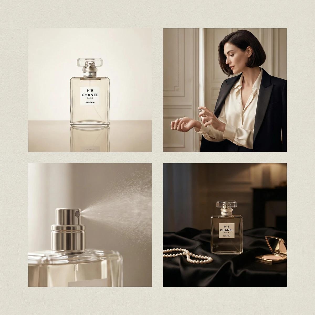 2×2 grid luxury perfume advertisement for Chanel perfume, four distinct y...
