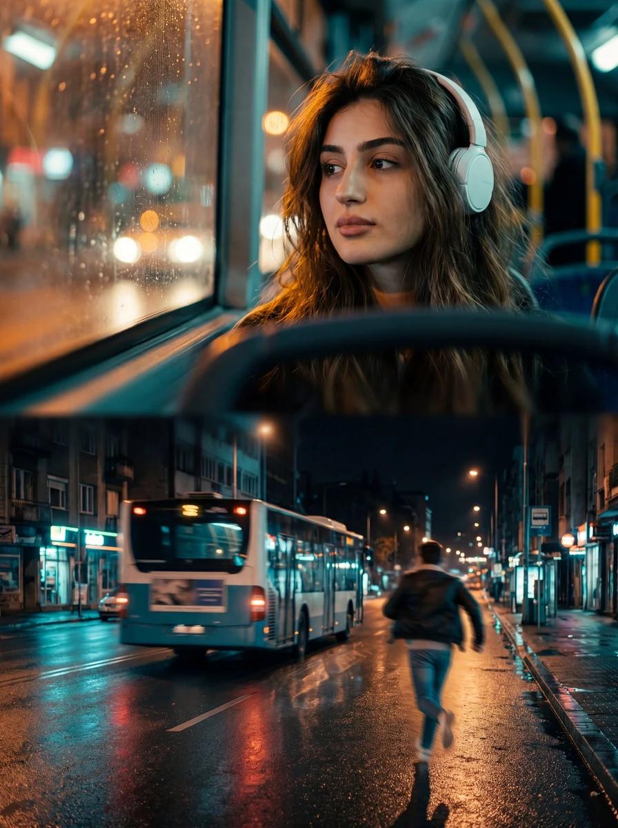Cinematic double-frame composition (top & bottom), night urban scene...