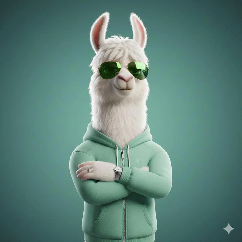 Stylized 3D anthropomorphic llama character standing confidently with arm...