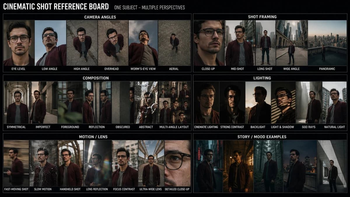 This image is a cinematic shot type reference board. It shows how one sub...