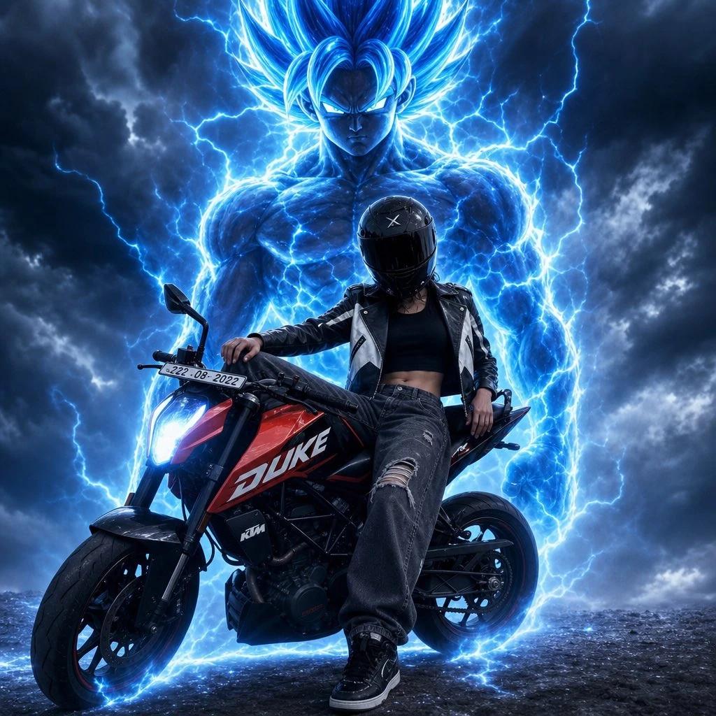 Ultra realistic cinematic anime edit of a young biker girl sitting on a r...