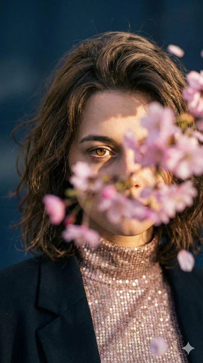 Poetic cinematic close-up portrait of a young woman partially obscured by...