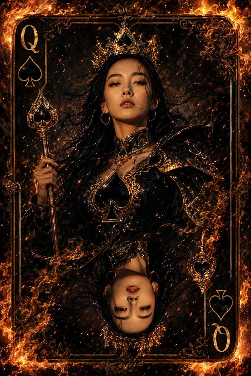 Ultra-detailed fantasy playing card illustration of the Queen of Spades,...
