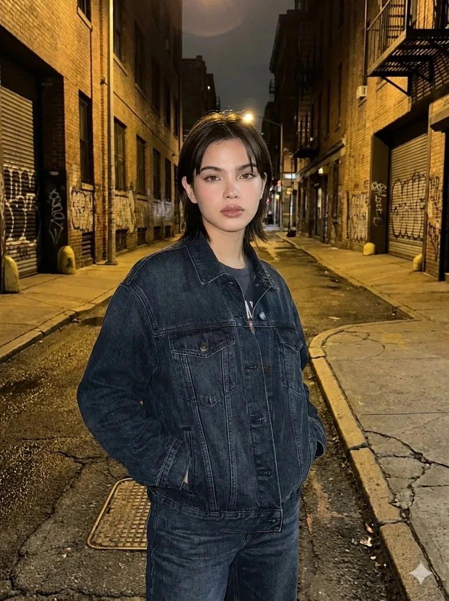 Cinematic night street portrait of a young woman standing in an empty urb...