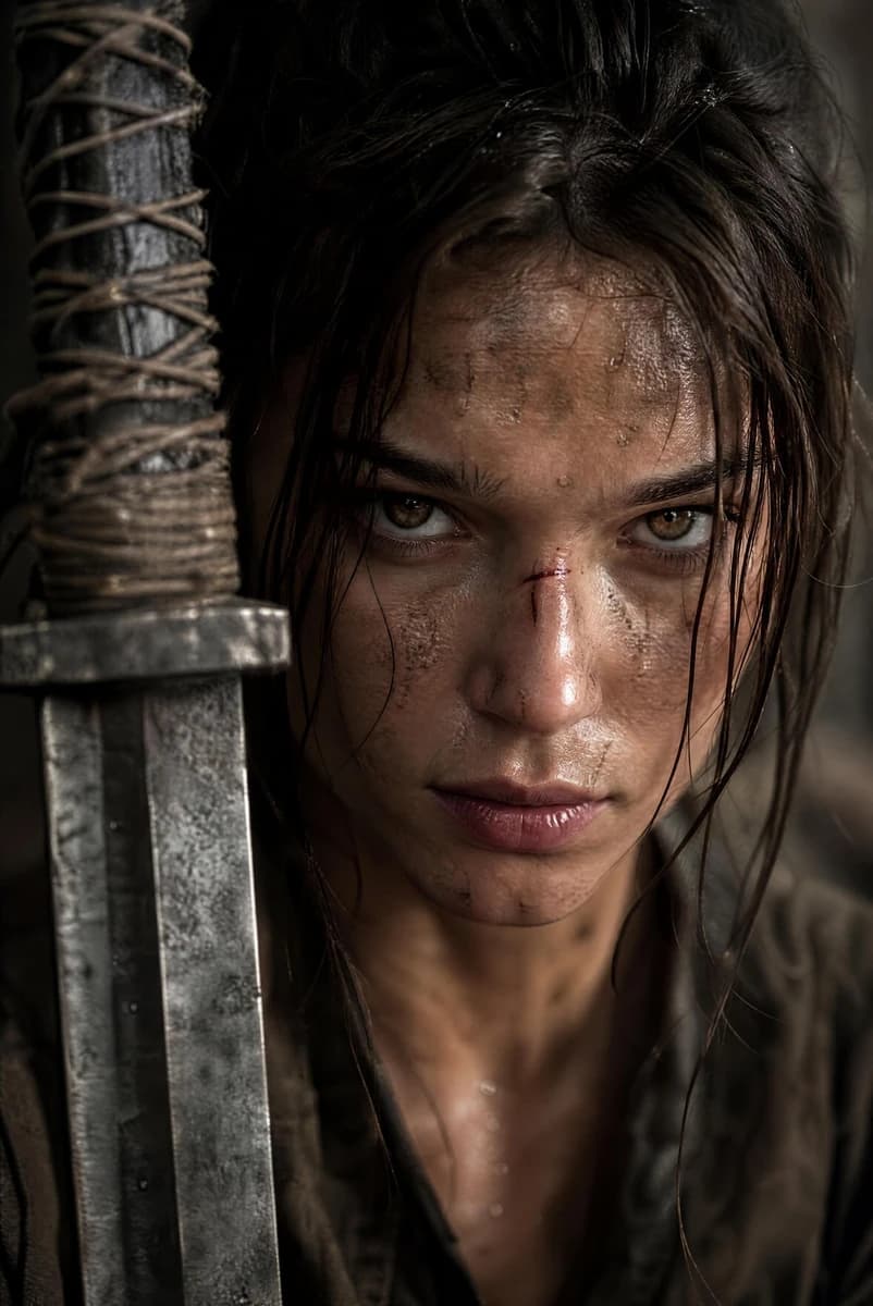 An extreme close-up, dramatic cinematic portrait of a fierce young female...