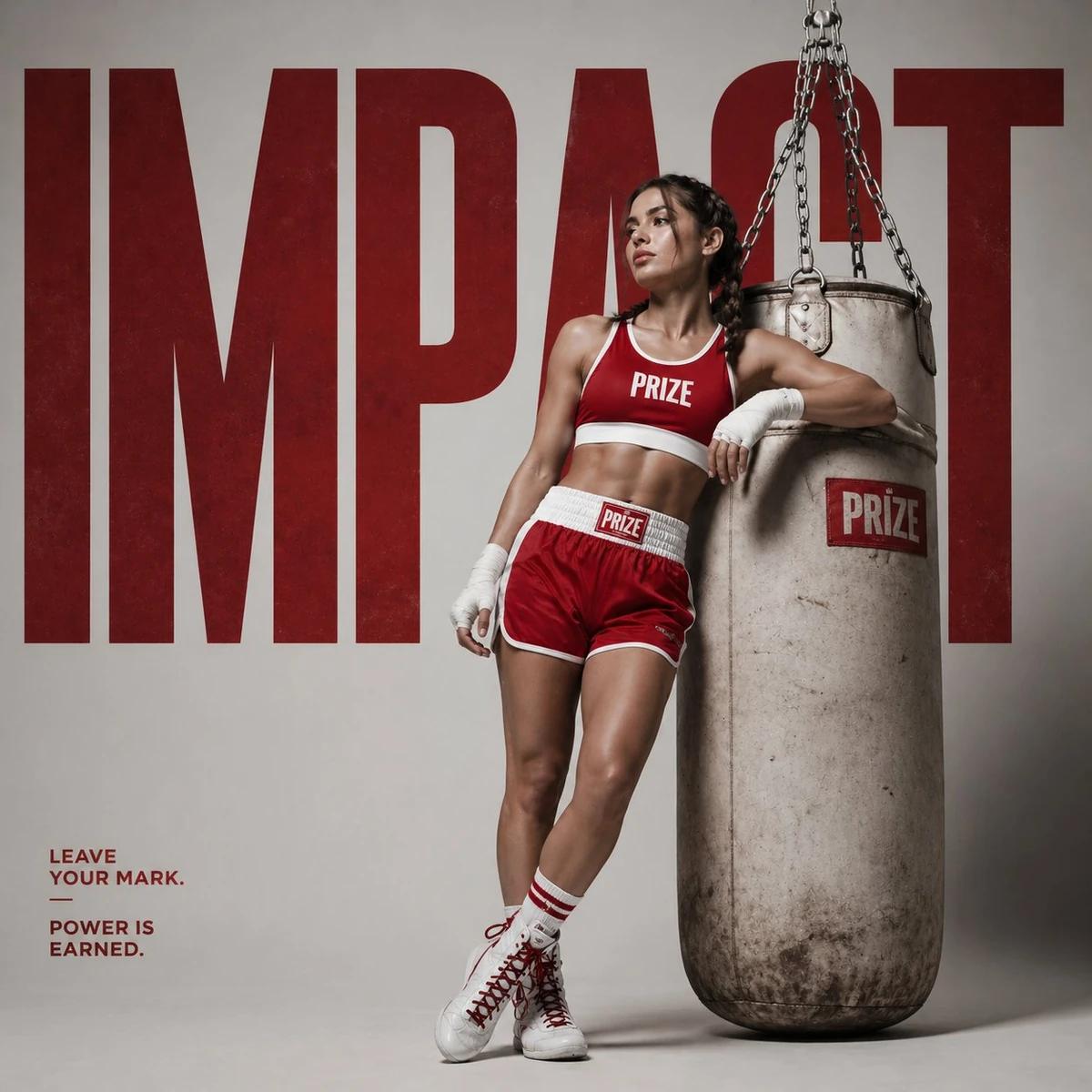 High-fashion boxing editorial campaign, female fighter leaning casually a...