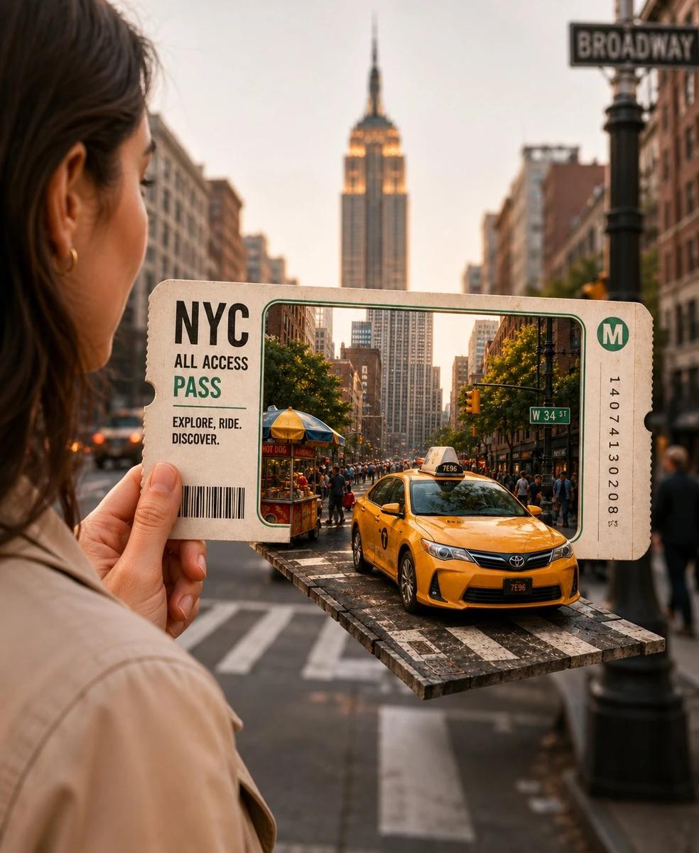 Photorealistic 3D travel ticket concept, a close-up human hand holding a...