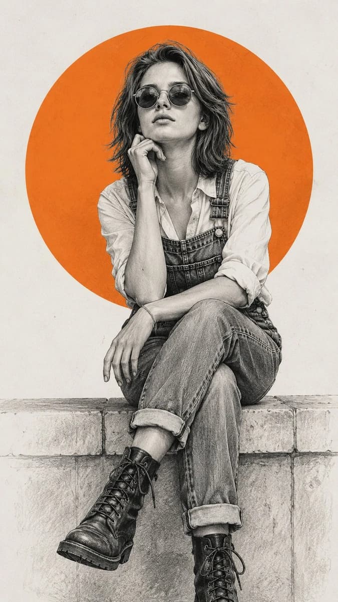 A high-detail digital illustration of a stylish woman sitting gracefully...