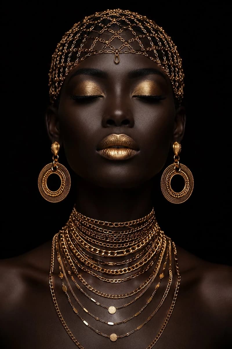 Ultra-realistic luxury fashion portrait of an elegant Black woman with fl...