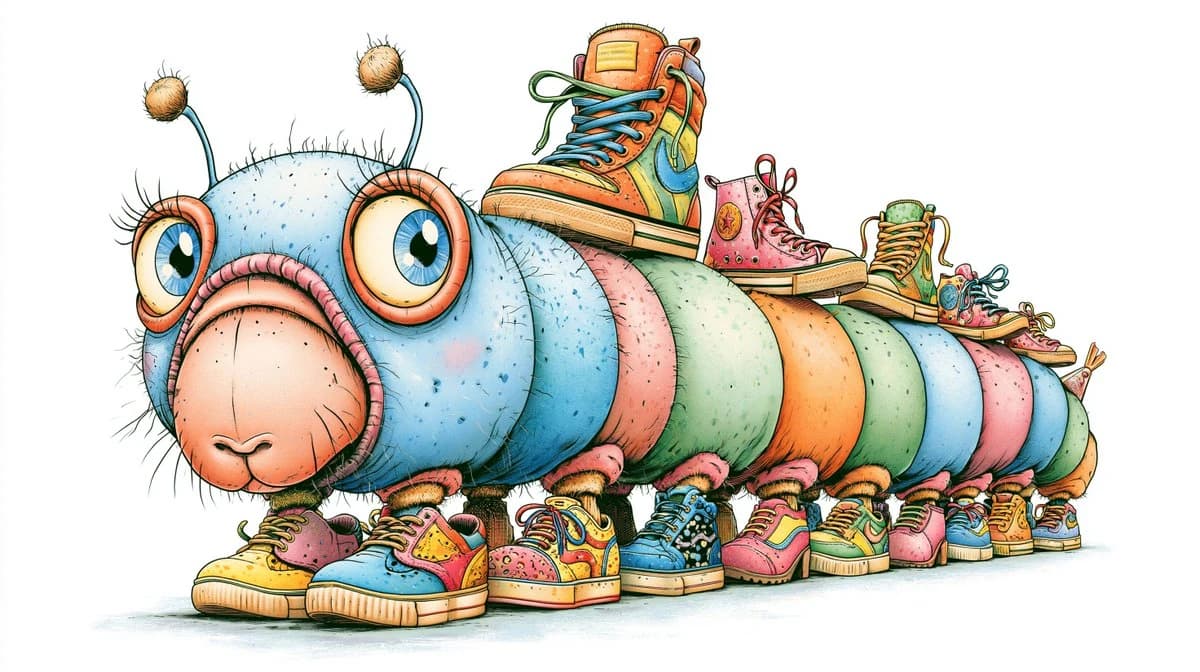 a whimsical caterpillar in a retro flat vector caricature style, with an...