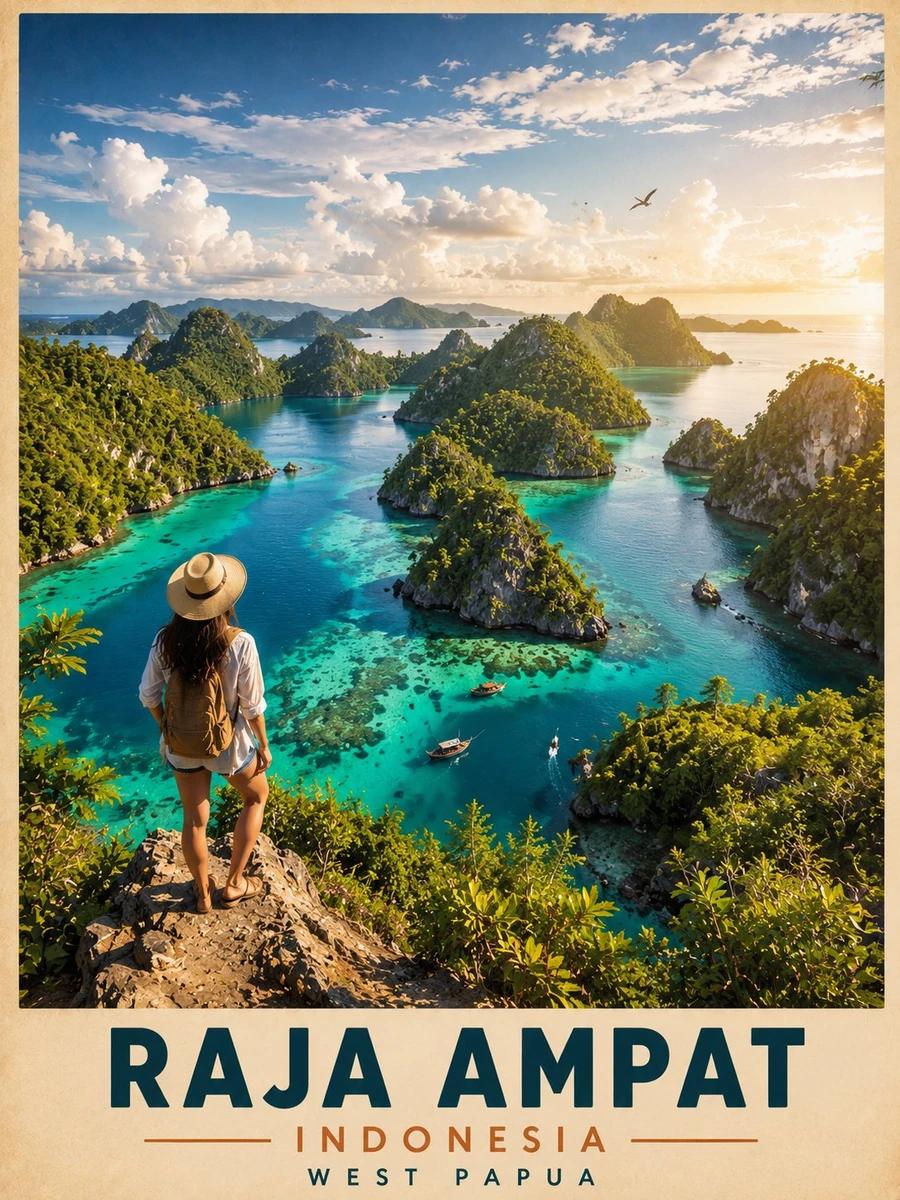 Ultra-detailed cinematic travel poster of Raja Ampat, Indonesia, viewed f...