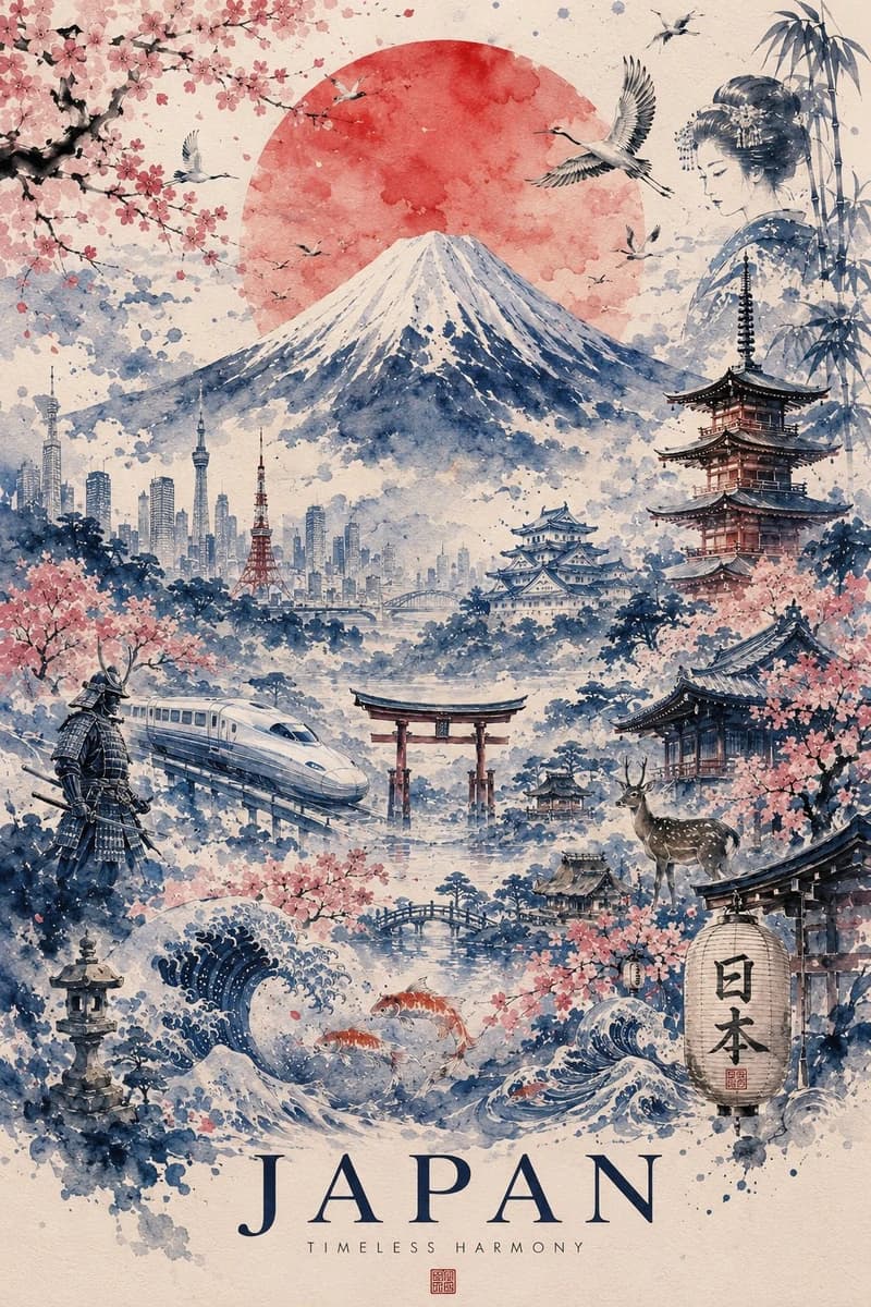 Ultra-detailed watercolor travel poster of Japan, painted in a refined tr...
