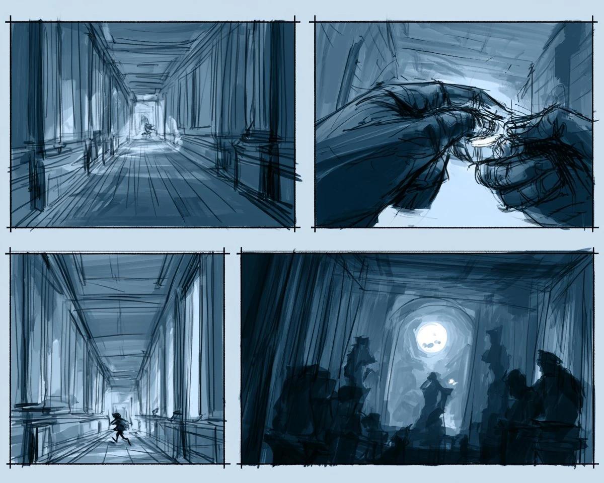 three storyboard frames of a tiny paper detective chasing a glowing clue...