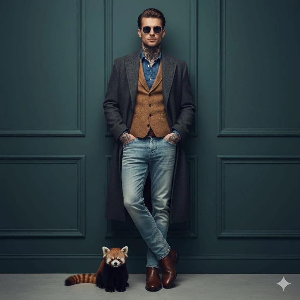 A cinematic fashion portrait of a stylish man leaning against a dark teal...
