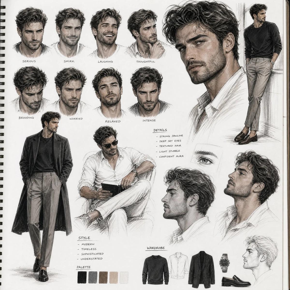 Premium cinematic sketchbook character board showcasing a handsome contem...