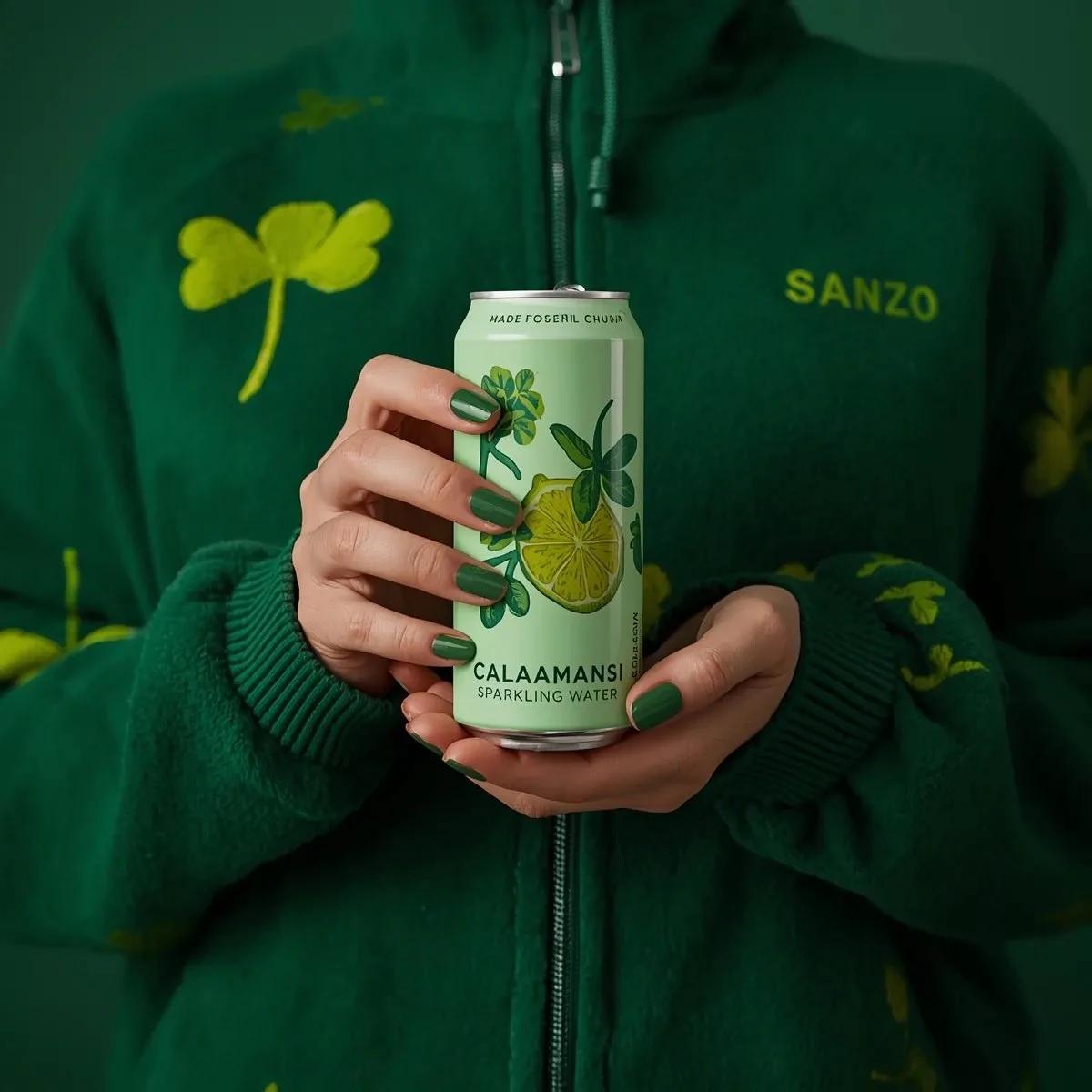 A photorealistic product shot of a person holding a slim, light green can...