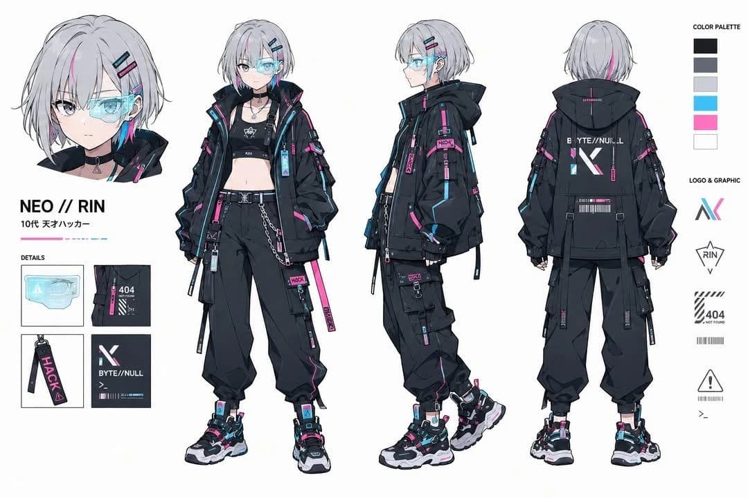 Ultra-detailed cyberpunk anime character design sheet of a teenage genius...