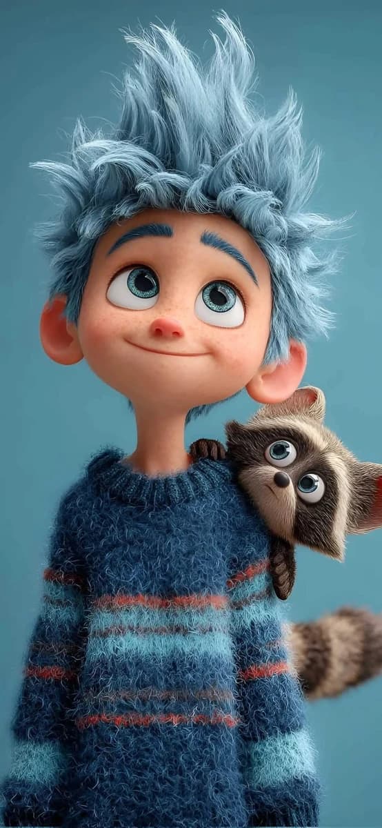 Cute stylized 3D animated boy with messy fluffy blue hair and big express...