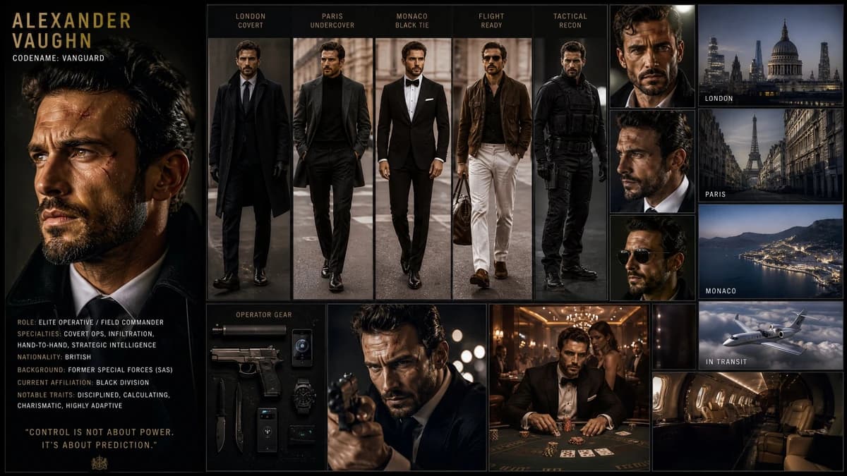 A cinematic Hollywood spy-thriller character board featuring a stylish ma...