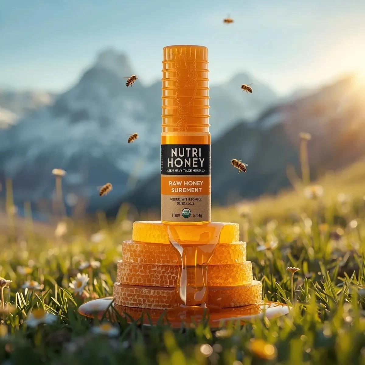 Ultra-realistic product photography of a golden honey bottle labeled “Nut...