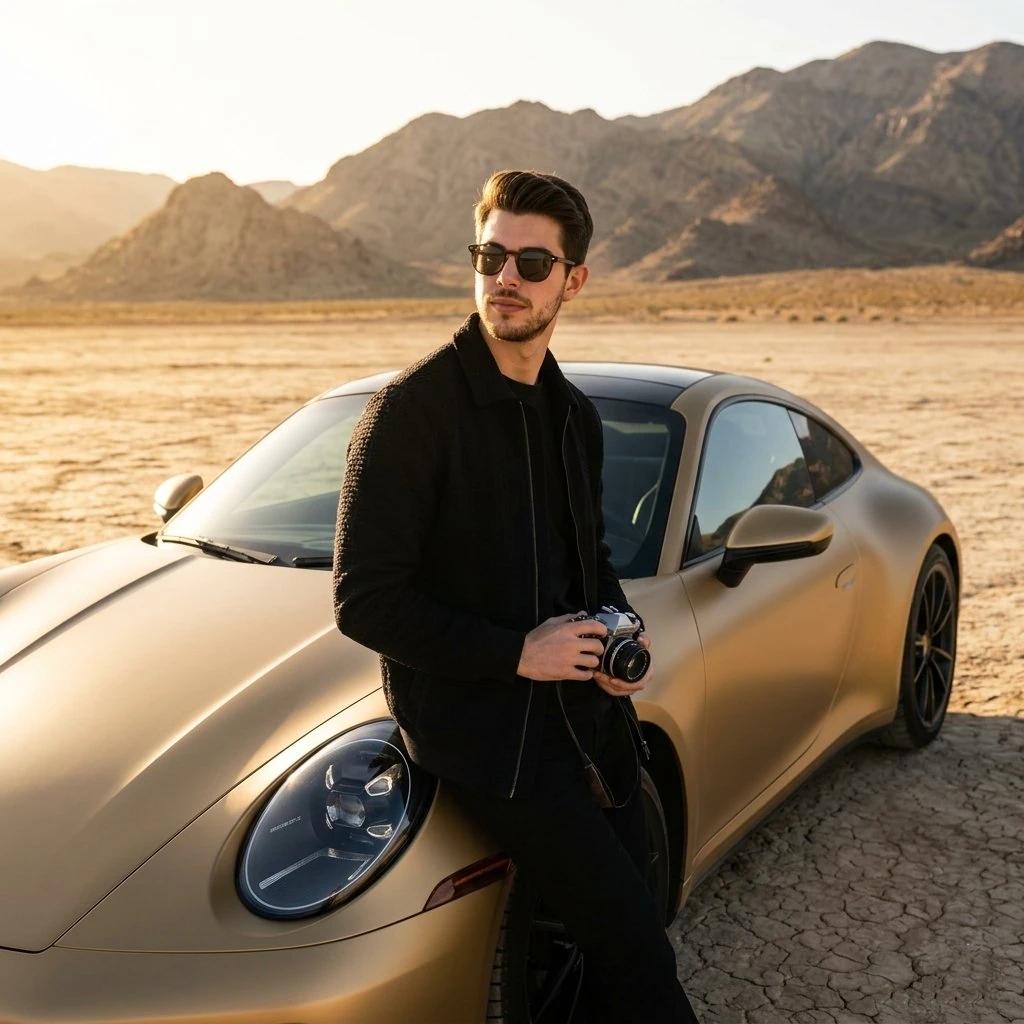 A stylish man standing beside a matte gold luxury sports car (Porsche 911...