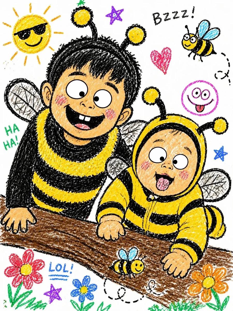 Crayon-style illustrated portrait of two children wearing bumblebee costu...