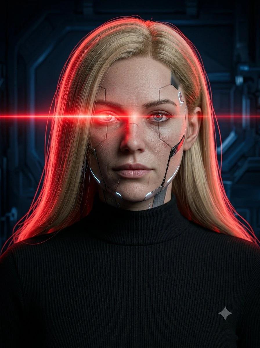 A hyper-realistic close-up studio portrait of a futuristic female android...
