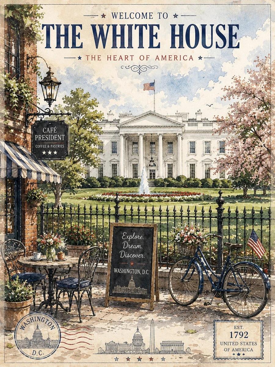 A charming vintage-style watercolor travel poster of the White House in W...
