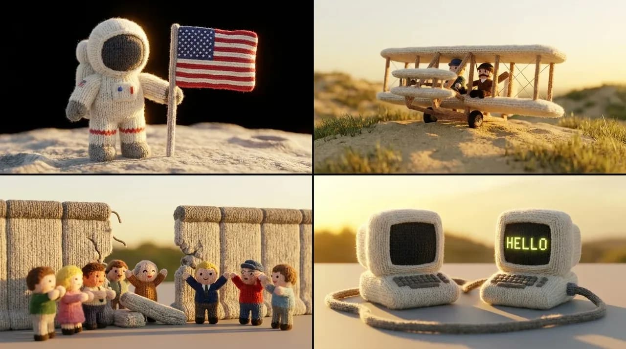 2x2 grid, 16:9 do this for 4 famous days that made humans proud: {Functio...