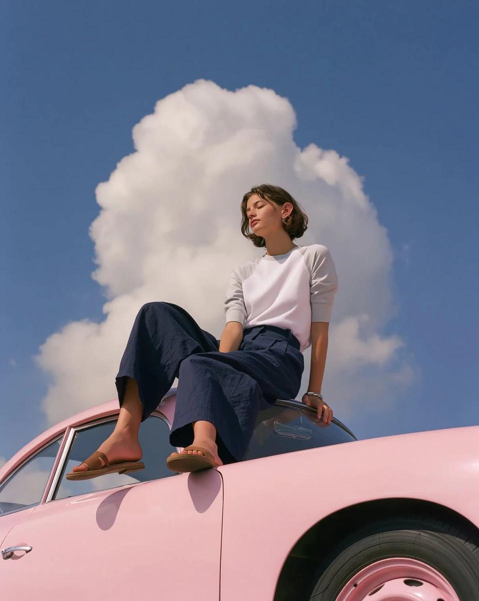 A dreamy editorial fashion photograph of a minimalist young woman sitting...