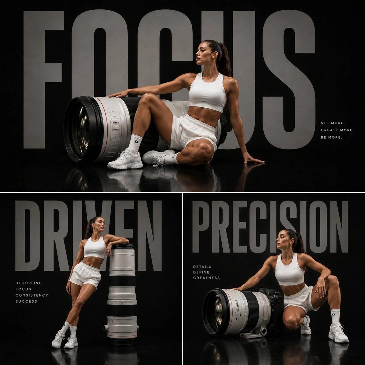 Three-panel luxury sports editorial collage with a deep black studio back...
