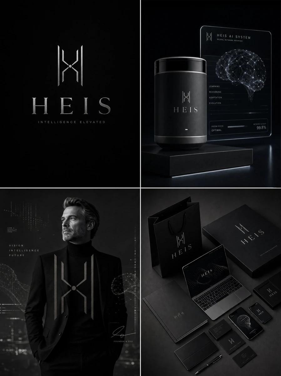 Luxury AI brand identity board for "HEIS", ultra-premium artificial intel...
