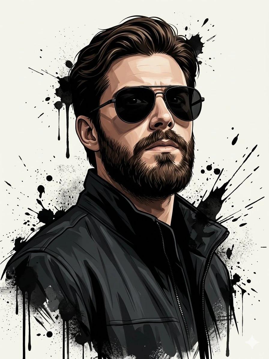 A stylish man with a thick beard wearing black sunglasses and a dark stre...