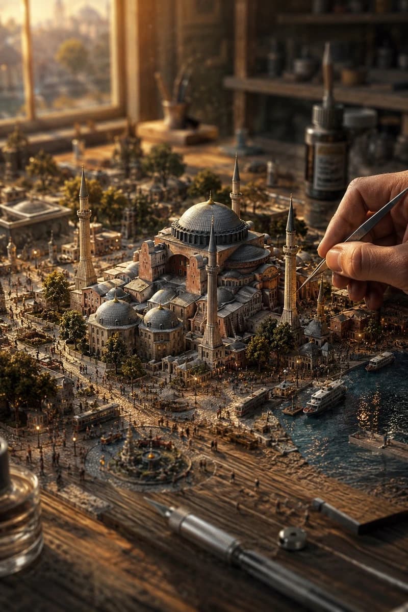 A hyper-detailed miniature diorama of [CITY OR PLACE] seamlessly built di...