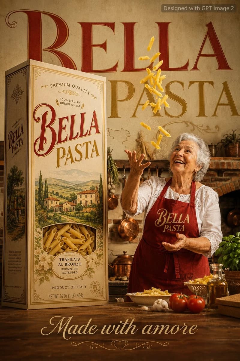 A warm Italian food advertisement poster. A cheerful Italian grandmother...