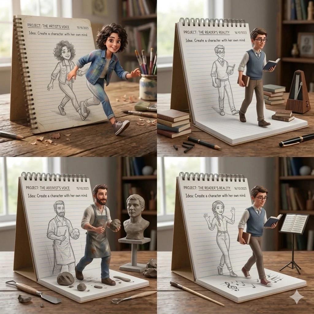 Ultra-realistic creative concept showing a sketchbook on a wooden desk wh...