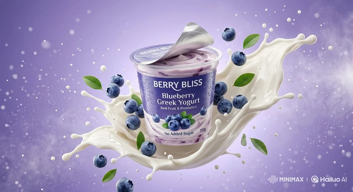 Ultra-realistic commercial product photography of a blueberry yogurt cup...