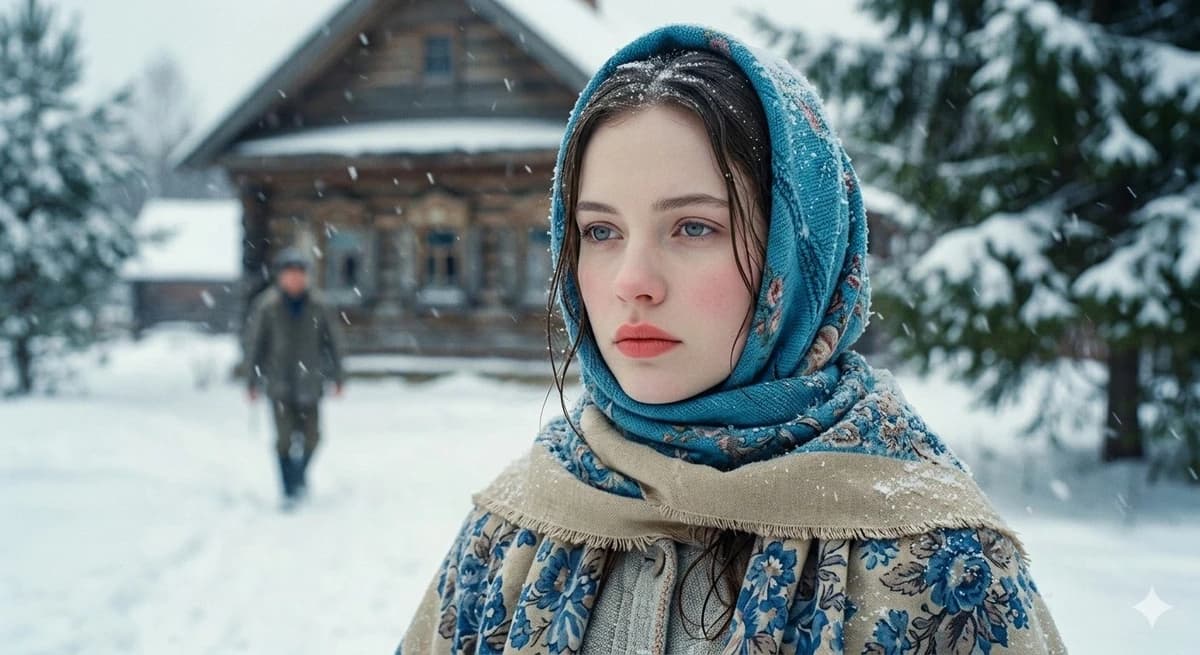A beautiful young woman with delicate features, striking light blue eyes,...