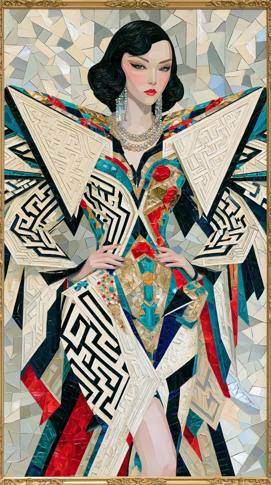 Regal woman facing forward in a monumental sculptural couture gown with o...