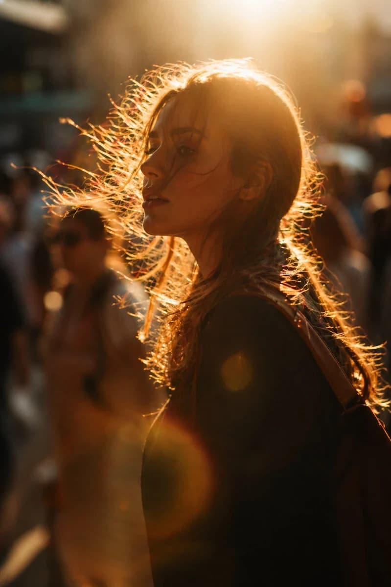 - Cinematic golden hour street portrait of a young woman in side profile,...